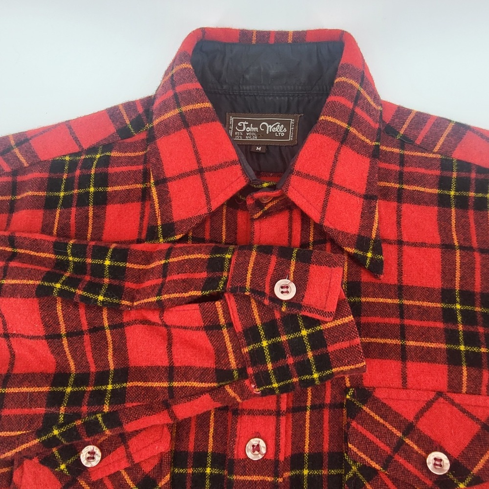 John Wells Shirt Men Medium Red Plaid Flannel Wool Nylon Dagger Shacket vintage‎